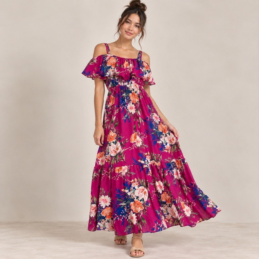 PinkBlush Magenta Floral Off The Shoulder Ruffle Maxi Tiered Dress Boho Large